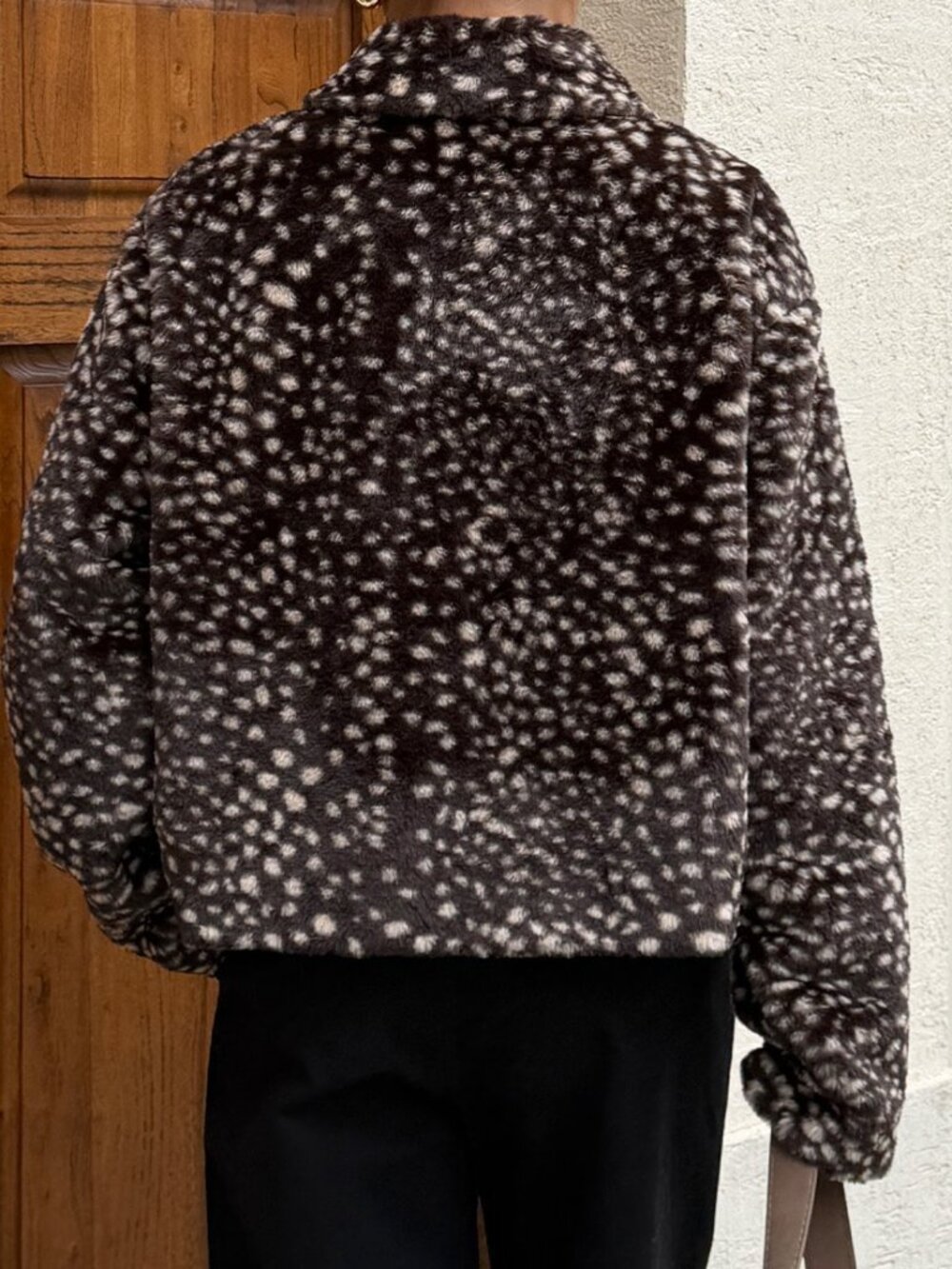 Chocolate Brown Casual Women's Streetwear Traveling Cow Print Faux Fur Jacket - Picture 2 of 5
